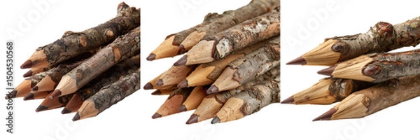 Fototapeta Set of natural twig pencils crafted from tree branches isolated on transparent background