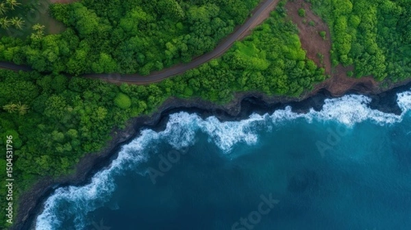 Obraz Coastal road amidst lush forest and ocean waves