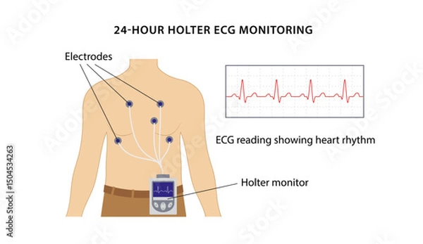Fototapeta 24-hour Holter ECG monitoring. Electrocardiogram. Heart cardiogram. ECG reading showing heart rhythm. Vector illustration in flat style isolated on white background