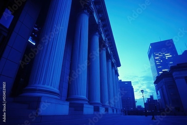 Fototapeta Majestic architectural columns under evening sky with urban backdrop
