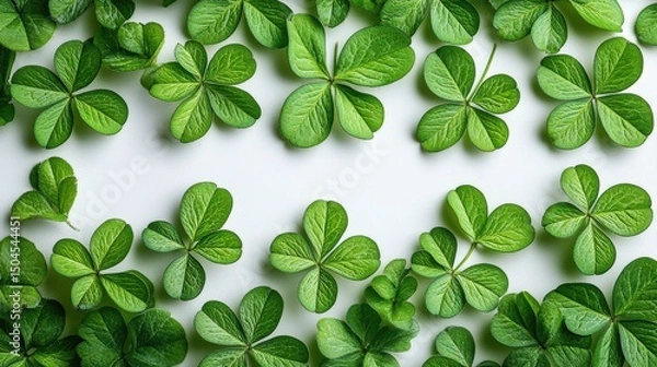 Fototapeta Lush green clover leaves scattered on a white surface, creating a vibrant natural pattern