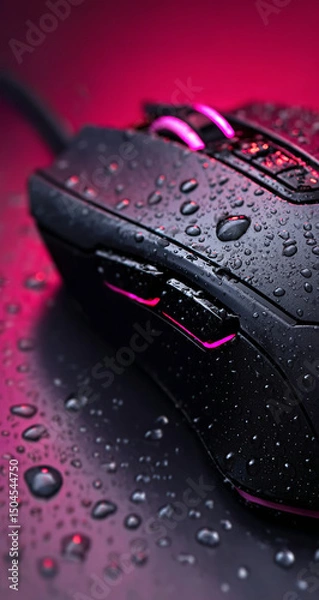 Fototapeta Black Gaming Mouse with Red LED Lighting on Wet Surface in Dark Cyber Background