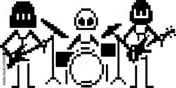 Fototapeta Pixel art band playing instruments retro black and white drum, guitar, bass ensemble