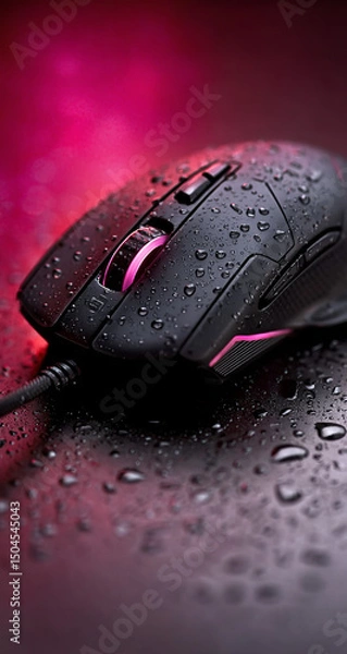 Fototapeta Black Gaming Mouse with Red LED Lighting and Water Droplets on Dark Surface