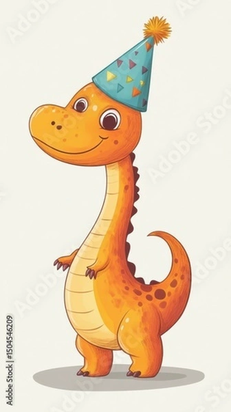 Fototapeta Playful cartoon dinosaur with a party hat, fun illustration. Vertical
