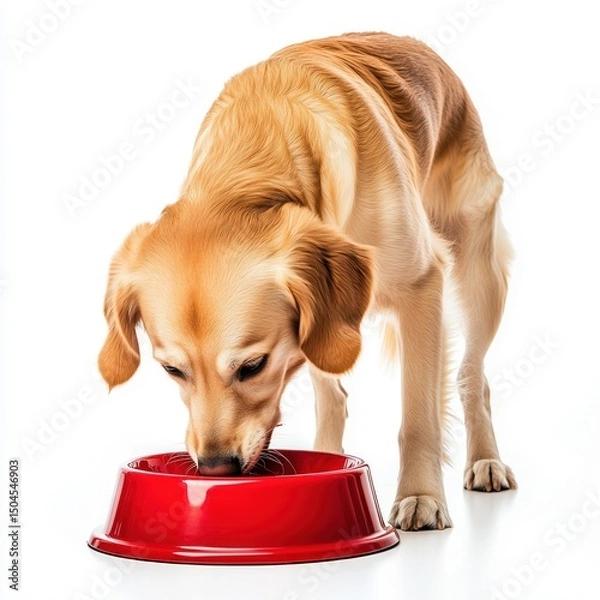 Obraz Golden retriever lying on a clean kitchen floor with a full bowl of dog food in front white background. Special pet food. nutritious kibble, breakfast concept. 