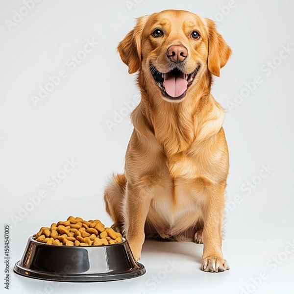 Obraz Golden retriever lying on a clean kitchen floor with a full bowl of dog food in front gray background. Special pet food. nutritious kibble, breakfast concept. 