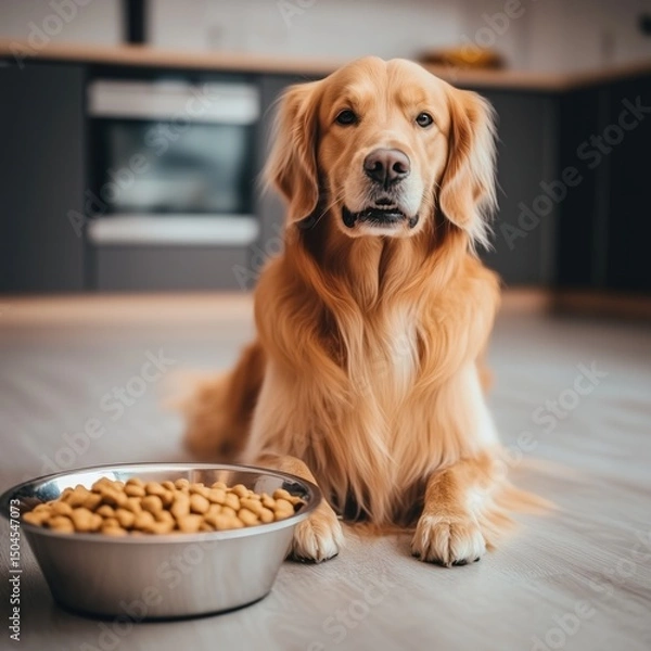 Obraz Golden retriever lying on a clean kitchen floor with a full bowl of dog food in front kitchen on wood floor background. Special pet food. nutritious kibble, breakfast concept. 