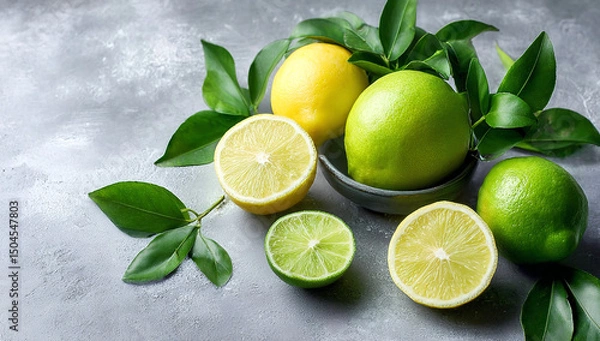 Fototapeta Fresh Limes and Lemons Arranged with Leaves on Light Gray Marble Surface