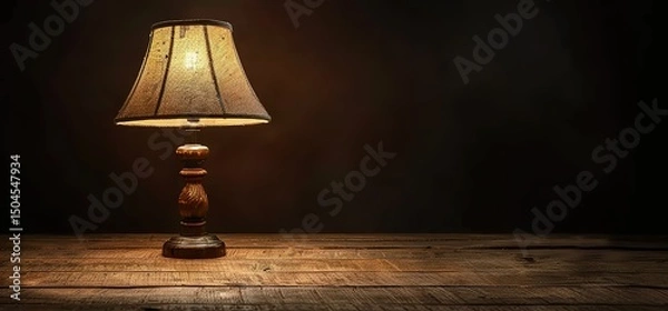 Obraz A vintage table lamp with a patterned lampshade sits on a wooden table in a dark room. The lamp casts a warm glow on the table.