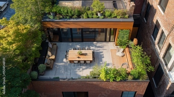 Obraz Inviting urban courtyard with modern furnishings and lush greenery in a vibrant city setting