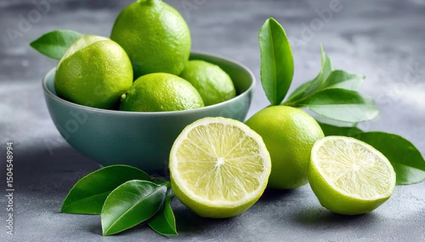 Fototapeta Ceramic Bowl of Green Limes with Sliced Halves and Leaves – Top View