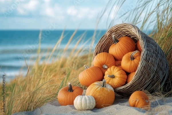 Fototapeta Basket of pumpkins spills onto a sandy beach with ocean and sky as a backdrop, creating a serene fall scene.