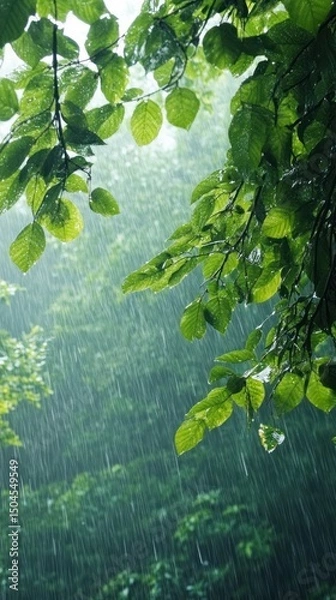 Fototapeta Rain drizzles gently on green leaves, refreshing a lush tropical forest. Vertical.