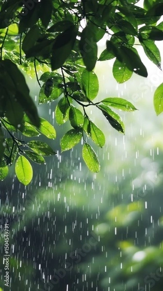 Fototapeta In a tropical setting, rain softly nourishes the verdant leaves overhead. Vertical.