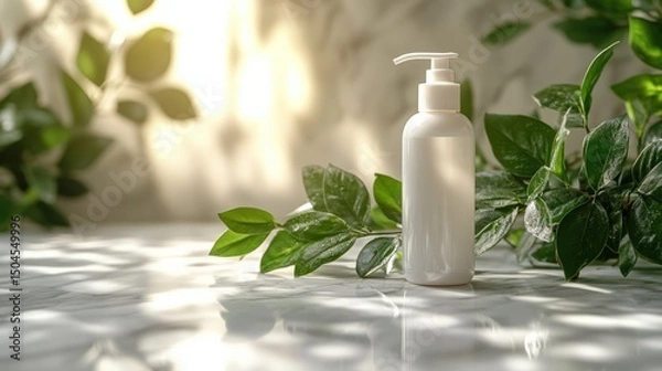 Fototapeta Minimalist white bottle of lotion surrounded by lush green leaves on a marble surface with soft light
