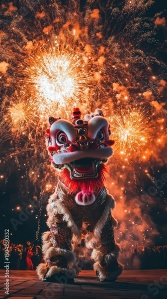 Fototapeta Lion dance performance bursts with vivid fireworks in a lively festive night scene. Vertical.