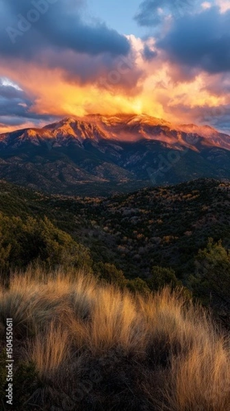 Fototapeta Golden sunrise over mountains, with shifting clouds adding depth to the scene. Vertical.
