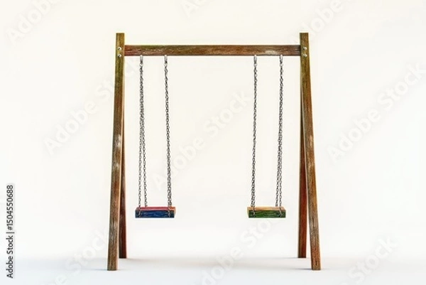 Fototapeta A wooden swing set with two seats hangs by chains, against a plain, white background in a studio setting.