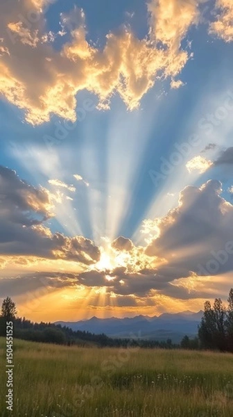 Fototapeta Golden light bursts through drifting clouds in a captivating time-lapse scene. Vertical.