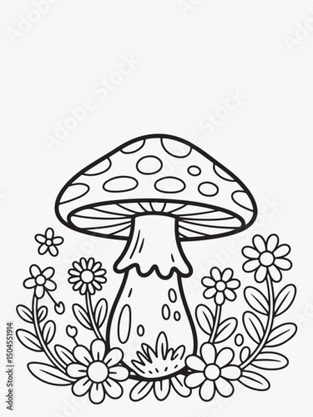 Obraz Detailed Doodle-Style Mushroom with Flowers Around Coloring Page