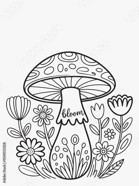 Obraz Detailed Doodle-Style Mushroom with Flowers Around Coloring Page