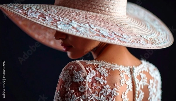 Fototapeta Beautiful woman spy agent in elegant dress with hat on dark background