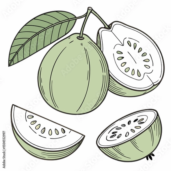 Obraz Fresh Green Guava Fruit Set Minimal Flat Vector of Whole, Halved, Sliced & Cross-Section