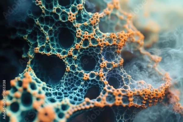 Fototapeta Close-up, fractal-like structure with interconnected cells and pore-like openings, colored in teal and orange, creating a visually striking, porous surface with mist background.
