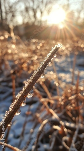 Fototapeta Glistening dew adorns a slender blade of grass as soft sunbeams break the quiet morning. Vertical.