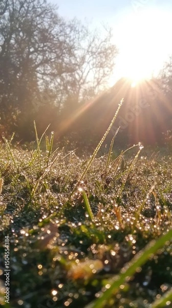 Fototapeta Morning light softly reveals glistening dew on a single slender blade of grass. Vertical.