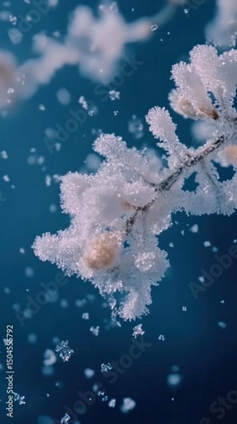 Fototapeta Snow gently drifts across a dark blue field, creating a serene winter mood. Vertical.