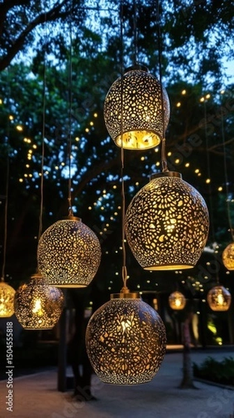 Fototapeta Golden lanterns unfold with detailed patterns as they drift on a quiet breeze. Vertical.