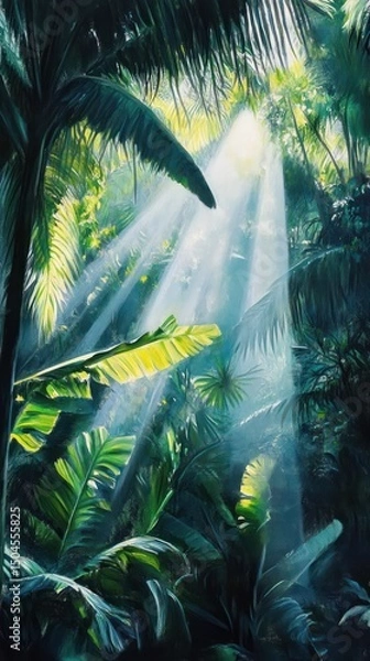 Fototapeta Sunlit tropical leaves flutter in a soft breeze under bright natural light. Vertical.