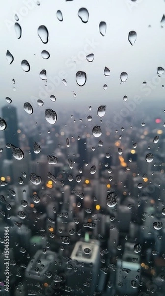 Fototapeta Raindrops cling to glass in a close-up view, with a softly blurred urban scene. Vertical.