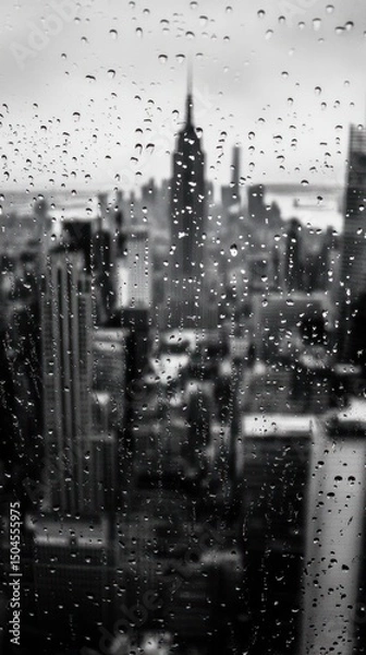 Fototapeta Macro raindrops on glass reveal a soft, out-of-focus urban panorama view. Vertical.