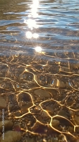 Fototapeta Clear water ripples softly while sunlight glimmers on its gentle surface. Vertical.