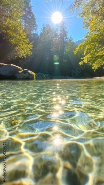Fototapeta Subtle ripples traverse clear water as sunlight casts a gentle reflective glow. Vertical.