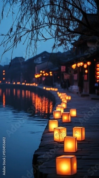 Fototapeta Glowing lanterns line a quiet riverbank, adding charm to the festival display. Vertical.