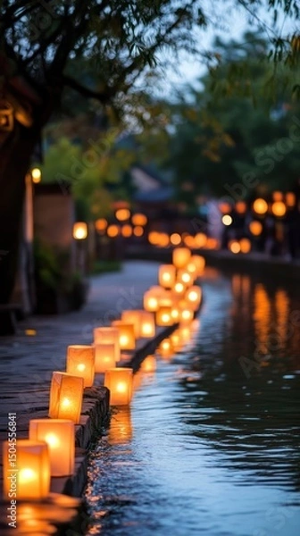 Fototapeta Lanterns with soft glows rest along a silent riverbank during the celebration. Vertical.
