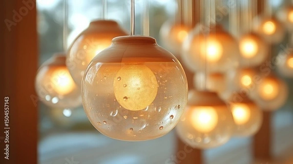 Fototapeta Elegant glass pendant lights with soft warm glow in modern interior setting