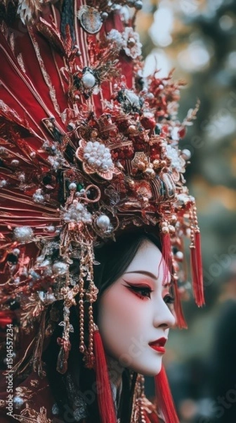 Fototapeta A performer dons a classic Chinese headdress in a vibrant New Year parade. Vertical.