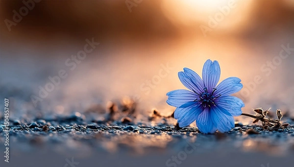 Fototapeta Delicate Blue Flower Resting on Asphalt in Warm Sunset Bokeh Light