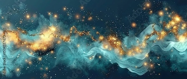 Obraz Abstract blue and yellow digital art with glowing particles. Perfect for backgrounds, websites, or social media.