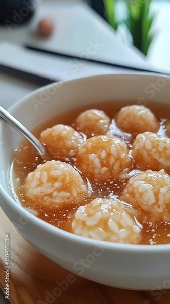 Fototapeta A bowl of sticky rice balls in sweet soup offers a comforting New Year treat. Vertical.