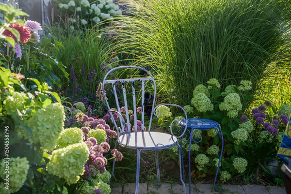 Obraz Eye catching photo of a vintage blue chair in quiet spot in the garden, surrounded by lime light green panicle hydrangeas, purple allium and Morning Light Maiden Grass, Miscanthus sinensis.