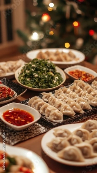 Fototapeta A festive table is set with dumplings and dipping sauces for the New Year feast. Vertical.