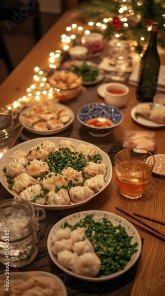 Fototapeta A festive table is adorned with New Year dumplings and an assortment of dipping sauces. Vertical.