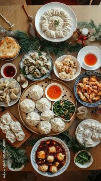 Fototapeta A table brims with assorted New Year dumplings and rich dipping sauces on a festive spread. Vertical.
