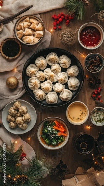 Fototapeta A vibrant spread displays New Year dumplings accompanied by an array of dipping sauces. Vertical.